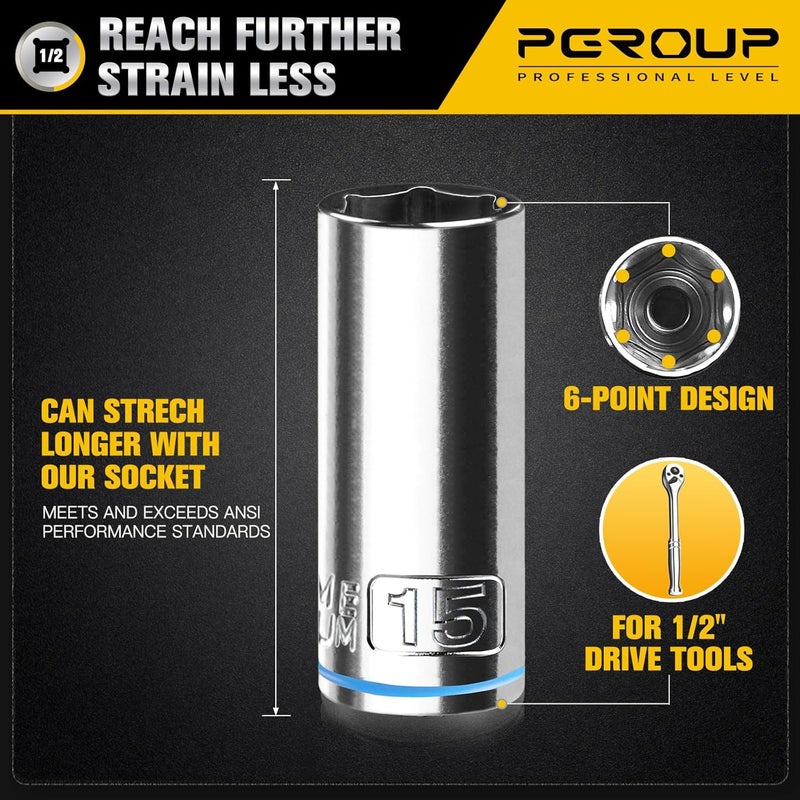 pgroup 10PCS 1/2” Drive Deep Socket Set, Metric (10mm-19mm), 6-Point, Cr-V Steel, Chrome Plated Socket With Hanging Bracket, Cover Most Commonly Sizes - Image 2